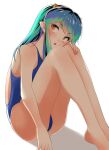  1girl barefoot blue_hair blue_swimsuit commentary_request competition_swimsuit full_body gradient gradient_background green_hair highres long_hair looking_back lum nanao_futaba one-piece_swimsuit pointy_ears simple_background sitting solo swimsuit urusei_yatsura white_background yellow_eyes 