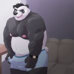  4_fingers anthro bedroom_eyes bin_(artist) black_body black_fur black_hair bodily_fluids boxers_only bulge clock clothed clothing erection erection_under_clothing facial_piercing fingers fur furniture genital_fluids genital_outline genitals giant_panda hair hand_on_penis looking_at_viewer male mammal moobs musclegut narrowed_eyes navel nipples nose_piercing nose_ring open_mouth open_smile penis penis_outline piercing precum precum_through_clothing seductive shirtless slightly_chubby smile sofa solo ursid watch wet wet_clothing white_body white_fur 