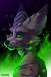  absurd_res anthro arenix_the_vulpera big_ears blizzard_entertainment canid cheek_tuft colored_fire cryena ear_tuft embers eye_markings facial_tuft fire fur green_background green_eyes green_fire hi_res lidded_eyes light lighting male mammal markings neutral_expression night outside pupils purple_stripes scar shirtless simple_background sky slit_pupils solo stripes tuft video_games vulpera warcraft whiskers white_body white_fur 