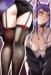  1girl akuma_nihmune ass bangs black_jacket black_legwear black_panties blunt_bangs breasts choker cleavage clothes_lift collared_shirt cum cum_on_body cum_on_breasts demon_girl demon_horns facial_tattoo from_behind garter_straps heart heart_tattoo highres horns indie_virtual_youtuber jacket jewelry lace lace-trimmed_legwear lace_panties lace_trim lingerie long_hair medium_breasts mole mole_under_eye multiple_views necklace off_shoulder open_clothes open_jacket panties partially_unbuttoned pupi_(rain_prophet) purple_hair red_choker red_eyes red_horns shirt sidelocks skirt skirt_lift sweat tattoo thighhighs underwear very_long_hair virtual_youtuber wavy_mouth white_shirt 