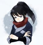  1boy bangs black_hair black_shirt breath closed_mouth cold commentary_request crossed_arms grey_eyes grey_jacket jacket looking_down male_focus nose_bubble pokemon pokemon_(game) pokemon_legends:_arceus ponytail red_scarf rei_(pokemon) scarf shirt solo tarai_(yamadarairai) upper_body 