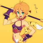  1girl :d animal_ears antenna_hair breasts breath_of_fire breath_of_fire_ii cleavage collarbone commentary_request fangs fingerless_gloves gloves green_eyes hair_between_eyes holding holding_staff looking_at_viewer metata navel orange_hair purple_gloves rinpoo_chuan short_hair simple_background smile solo staff tail teeth yellow_background 