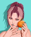 1girl bellemere camisole collarbone food fruit green_eyes highres light_blue_background looking_at_viewer nail_polish one_piece orange_(fruit) pink_hair ponytail realistic solo 