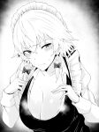  1girl blush braid breasts greyscale izayoi_sakuya koujouchou large_breasts long_sleeves looking_at_viewer maid_headdress medium_hair monochrome open_clothes open_shirt solo steaming_body touhou twin_braids white_hair 