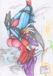 2017 absurd_res anthro areola arms_tied ball_gag bdsm belt belt_bondage big_breasts black_blindfold black_hair blindfold bodily_fluids bodysuit bondage bound breasts clothed clothing colored_pencil_(artwork) dragon erica_(tomcio1992) feathered_wings feathers feet_tied female gag gagged group hair hanging_(disambiguation) hanging_upside_down hi_res horn inside legs_tied long_hair markings mermaid_costume midriff nipples portrait red_body red_skin saliva scalie skinsuit slim solo_focus spiritalpha tight_clothing topless traditional_media_(artwork) trio upside_down wings 