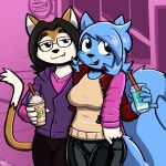  2022 5_fingers anthro anthro_on_anthro arm_around_another beverage big_breasts black_body black_bottomwear black_clothing black_eyes black_fur black_hair black_nose black_pants black_pupils blue_body blue_eyes blue_fur blue_hair bottomwear breasts brown_body brown_fur buckteeth clothed clothing cute_fangs dipstick_tail domestic_cat duo felid feline felino felis female fingers fluffy fluffy_tail fully_clothed fur hair hi_res holding_beverage holding_object holding_smoothie interspecies jacket latex_pants lettuce_(latexia) looking_at_viewer looking_away looking_up male male/female mammal markings open_clothing open_jacket open_mouth open_topwear outside pants peter_the_cat pink_clothing pink_jacket pink_shirt pink_topwear pupils purple_clothing purple_jacket purple_topwear red_clothing red_eyes red_jacket red_topwear rodent romantic romantic_couple sciurid shirt smile smirk tail_markings tan_clothing tan_shirt tan_topwear teeth topwear white_body white_fur white_inner_ear 