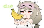  1girl 1up :3 ahoge banana bangs bare_shoulders breasts bright_pupils commentary_request drooling eye_mask food fruit grey_hair huge_breasts korean_commentary long_hair low-tied_long_hair lowres mask mask_on_head off_shoulder original red_eyes saru_(monkey_magic3) shirt simple_background solo swirl t-shirt twintails upper_body white_background white_pupils white_shirt 