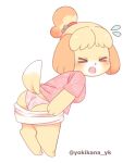  3_fingers accessory animal_crossing anthro artist_name barefoot bell bent_over big_breasts blush bottomwear breasts butt canid canine canis clothing digital_media_(artwork) domestic_dog eyes_closed feet female fingers fur hair hair_accessory isabelle_(animal_crossing) looking_back mammal nintendo open_mouth panties shih_tzu shirt simple_background skirt solo thick_thighs topwear toy_dog underwear video_games yellow_body yellow_fur yokikana_yk 