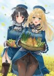  2girls asparagus atago_(kancolle) bamboo_shoot bangs basket beret black_gloves black_hair black_legwear blonde_hair blue_headwear blush breasts cloud eyebrows_visible_through_hair field flower flower_field food fur_collar fur_trim garter_straps gloves green_eyes hat hatomaru_(hatomaru56) holding holding_basket kantai_collection large_breasts long_hair long_sleeves multiple_girls open_mouth outdoors pantyhose petals red_eyes simple_background sky smile takao_(kancolle) thighhighs vegetable 