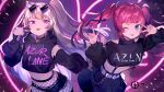 2girls :p ;p \m/ ahoge alternate_costume armpits azur_lane bache_(azur_lane) belt black_choker black_hoodie black_shorts black_skirt blonde_hair blue_eyes breasts chain choker clothes_writing clothing_cutout crop_top crop_top_overhang cutoffs eyewear_on_head fishnet_legwear fishnets hair_ribbon heart heart-shaped_eyewear hood hood_down hoodie jewelry leaning_forward long_hair long_sleeves looking_at_viewer micro_shorts midriff miniskirt multiple_girls navel official_art one_eye_closed pink_hair pleated_skirt puffy_sleeves purple_eyes ribbon ring san_diego_(azur_lane) shorts shoulder_cutout shugao skirt smile stomach sunglasses suspenders tongue tongue_out twintails two_side_up underboob v-shaped_eyebrows w 