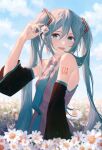  1girl :d bangs bare_shoulders blue_eyes blue_hair blue_nails blue_necktie blurry cloud collared_shirt depth_of_field detached_sleeves field flower flower_field from_side grass grey_shirt hair_between_eyes hand_up hatsune_miku highres holding holding_flower kaicggo long_hair looking_at_viewer nail_polish necktie open_mouth outdoors shirt sky smile solo twintails upper_body vocaloid white_flower 