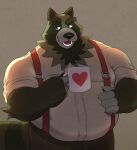  &lt;3 2022 anthro belly big_belly bottomwear canid canine clothing green_body hi_res humanoid_hands male mammal mug overweight overweight_male pants raccoon_dog runxforest shirt solo suspenders tanuki topwear 
