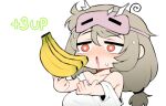  1girl 1up ahoge banana bangs bare_shoulders blush breasts bright_pupils chestnut_mouth commentary_request drooling eye_mask food fruit grey_hair huge_breasts korean_commentary long_hair low-tied_long_hair lowres mask mask_on_head nose_blush off_shoulder open_mouth original red_eyes saru_(monkey_magic3) shirt simple_background solo sweat sweatdrop sweating_profusely swirl t-shirt twintails upper_body white_background white_pupils white_shirt 