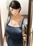  1girl apron black_eyes black_hair blush breasts cleavage collarbone commentary_request engagement_ring highres large_breasts lips looking_at_viewer mature_female open_door original parted_lips sakura_no_tomoru_hi_e scoop_neck shirt short_hair solo upper_body white_shirt 