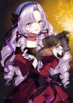  1girl bangs bare_shoulders black_gloves blush bow dress drill_hair eyebrows_visible_through_hair firing gloves hair_bow hair_ribbon hairband highres hyakumantenbara_salome light_purple_hair long_hair long_sleeves looking_at_viewer myusha nijisanji parted_bangs purple_eyes red_dress ribbon smile solo virtual_youtuber 