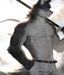 anthro blue_eyes bottomwear canid canine canis clothed clothing hand_in_pocket hi_res male mammal melee_weapon muscular muscular_anthro muscular_male nipples pants pockets scar solo sword topless topless_anthro topless_male weapon wolf yuuko891 