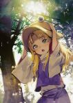  1girl absurdres arms_up blonde_hair blue_eyes blush dutch_angle hat highres light_rays moriya_suwako open_mouth redrawn solo sunbeam sunlight takami_masahiro touhou tree 