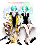  2others androgynous annoyed aqua_eyes black_footwear clipboard colored_eyelashes dual_persona gem gem_uniform_(houseki_no_kuni) golden_arms hand_on_another&#039;s_back highres houseki_no_kuni kitano_tomotoshi long_legs multiple_others phosphophyllite raised_eyebrows smile striped weapon 