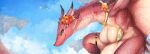  anthro big_breasts bikini bikini_top breasts clothing detailed_background dragon ear_piercing eguchi_tumoru european_mythology female flower flying green_eyes horn mythology non-mammal_breasts piercing pink_body pink_scales plant scales smile solo swimwear wings wyrm_(dragon) 