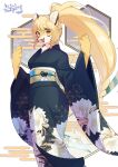  2022 4_fingers anthro asian_clothing black_body black_fur blonde_hair breasts clothed clothing cute_fangs east_asian_clothing felid female fingers floral_print fur hair hi_res japanese_clothing kemono kimono lemoco long_hair looking_at_viewer mammal multicolored_body multicolored_fur obi open_mouth open_smile orange_eyes pantherine ponytail smile solo tiger tongue white_body white_fur yellow_body yellow_fur 