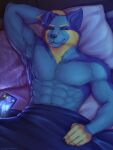  abs anthro artist_name bed bedding bedroom biceps black_claws blonde_eyebrows blue_bedding blue_body blue_ears blue_fur blue_inner_ear blue_inner_ear_fluff blue_nose canid canine canis cellphone cheek_tuft chest_tuft claws clockhands domestic_dog eyebrows eyes_closed facial_tuft fangs finger_claws floppy_ears front_view fur furniture glistening glistening_nose hand_behind_head inner_ear_fluff inside male mammal muscular muscular_anthro muscular_male nude pecs phone pillow shoulder_tuft smartphone solo triceps tuft white_pillow yellow_body yellow_fingers yellow_fur 