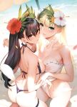  2girls arm_strap ass bangs bare_shoulders beach beach_umbrella bikini black_hair blonde_hair blue_eyes blunt_bangs blurry blurry_foreground blush breast_press breasts breasts_out cleavage collarbone comic_anthurium day depth_of_field eyebrows_visible_through_hair flower from_behind hair_between_eyes hair_flower hair_ornament halterneck hibiscus highres kneeling large_breasts long_hair looking_at_viewer looking_back medium_breasts multiple_girls nipples non-web_source one-piece_swimsuit outdoors parted_lips petals pink_eyes sasaoka_gungu see-through shoulder_blades sideboob skindentation smile swimsuit symmetrical_docking thigh_strap thighs thong thong_bikini twintails umbrella water white_swimsuit 