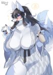  2022 4_fingers alcohol anthro asian_clothing beverage big_breasts black_hair blue_body blue_fur blue_hair blush bodily_fluids breasts canid canine canis claws cleavage clothed clothing container cup drooling drunk east_asian_clothing female finger_claws fingers fluffy fur hair hi_res holding_object huge_breasts japanese_clothing japanese_text kemono kimono lemoco looking_at_viewer mammal multicolored_body multicolored_fur multicolored_hair musical_note no_underwear open_mouth pictographics purple_eyes sake_bottle saliva solo substance_intoxication text translation_request two_tone_body two_tone_fur two_tone_hair white_body white_fur wolf 