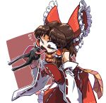  1girl amerika_zarigani bangs benikurage_(cookie) bow brown_eyes brown_hair commentary_request cookie_(touhou) cowboy_shot detached_sleeves eyebrows_visible_through_hair flying_sweatdrops frilled_bow frilled_hair_tubes frills hair_bow hair_tubes hakurei_reimu half_updo highres medium_hair one_eye_closed open_mouth orange_scarf outline parted_bangs pincers_(tool) red_bow red_mittens red_scarf red_shirt red_skirt ribbon-trimmed_sleeves ribbon_trim scarf shirt skirt sleeveless sleeveless_shirt solo striped striped_scarf tearing_up tongue tongue_out touhou white_background white_outline white_sleeves 