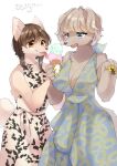  2022 5_fingers anthro blue_eyes blush breasts brown_body brown_eyes brown_fur brown_hair canid canine canis claws cleavage clothed clothing dessert domestic_dog dress duo female female/female finger_claws fingers food fur hair hi_res holding_food holding_object ice_cream japanese_text kemono lemoco licking mammal open_mouth short_hair tan_body tan_fur tan_hair text tongue tongue_out translation_request white_body white_fur 