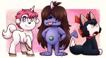  2020 annoyed beezle_(character) black_body black_fur black_hair blue_body border bow child digital_drawing_(artwork) digital_media_(artwork) domestic_cat equid equine eyes_closed felid feline felis female feral fur group hair hair_over_eyes happy hooves horn imp katy_the_cat_(unico) male mammal mane osamu_tezuka paperbagedhead pink_background pink_hair pink_mane ribbons sanrio simple_background sitting smile standing tongue tongue_out trio unico unico_(series) unicorn white_body white_border white_fur young 