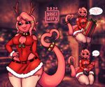  acta anthro blush breasts cephalopod christmas christmas_clothing claws clothed clothing coleoid decapodiform detailed_background dialogue dildo fangs female gift hi_res holidays horn looking_at_viewer marine mollusk open_mouth open_smile partially_clothed pink_body sex_toy smile solo spacewaifu speech_bubble teeth 