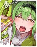  ... 1girl animal arthropod_girl bangs blush breasts cat drooling eyebrows_visible_through_hair green_hair hairband highres mantis_girl monster_girl open_mouth original red_hair solo_focus spoken_ellipsis teeth tongue tongue_out yasuhara_roku yellow_eyes 