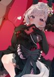  1girl absurdres armpit_crease bangs black_dress black_gloves blush bow box breasts closed_mouth couch curren_chan_(ma_sheri)_(umamusume) curren_chan_(umamusume) dress dress_bow ear_covers elbow_gloves feet_out_of_frame frilled_dress frills gloves greyscale heart heart-shaped_box heart_print highres horse_girl horse_tail lying monochrome on_back purple_eyes short_hair small_breasts smile solo tail umamusume usukawa_(uskw_sr) 