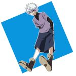  1boy bangs black_eyes black_sweater blue_shorts boots brown_footwear closed_mouth commentary full_body hands_in_pockets highres hunter_x_hunter killua_zoldyck leaning_forward long_sleeves male_focus purple_shirt shirt shorts simple_background smirk solo spiked_hair sweater two-tone_background white_hair yakiniku_kuwasero 