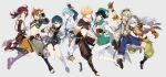  6+boys aether_(genshin_impact) ahoge animal_ears aqua_eyes arm_up armor bandaid bandaid_on_face bandaid_on_nose bangs belt bennett_(genshin_impact) black_gloves black_hair blonde_hair blue_hair boots bow braid brown_gloves brown_hair cape chongyun_(genshin_impact) closed_mouth commentary_request dog_boy dog_ears dog_tail earrings fang fingerless_gloves flower frilled_sleeves frills full_body genshin_impact gloves goggles goggles_on_head gorou_(genshin_impact) gradient_hair green_eyes green_headwear grey_background grey_hair hair_between_eyes hair_ornament hat highres hood hood_up japanese_armor japanese_clothes jewelry knee_boots kote kurokote light_blue_hair long_hair long_sleeves looking_at_viewer male_focus mmmgnsn multicolored_hair multiple_boys open_mouth orange_eyes orange_gloves pants parted_lips partially_fingerless_gloves ponytail razor_(genshin_impact) red_eyes red_hair scar scar_on_arm shikanoin_heizou short_sleeves shorts simple_background single_braid single_earring sleeveless streaked_hair tail tassel tassel_earrings thumbs_up toeless_footwear twin_braids venti_(genshin_impact) vision_(genshin_impact) white_hair white_legwear xingqiu_(genshin_impact) 
