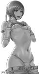  1girl :d artist_name bare_shoulders bikini blush breasts breasts_apart cameltoe clothes_lift clothes_pull covered_nipples cowboy_shot detached_sleeves elbow_gloves final_fantasy final_fantasy_vii fingerless_gloves forehead_protector gloves greyscale highres lifted_by_self looking_at_viewer micro_bikini monochrome navel new_year open_fly open_mouth pants pants_pull sgk short_hair signature skindentation small_breasts smile solo stomach swimsuit yuffie_kisaragi 