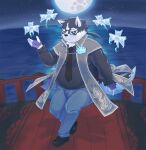  2022 anthro belly big_belly bottomwear canid canine canis clothing detailed_background domestic_dog eyewear glasses hi_res kemono kumatugu lifewonders magic male mammal masanori moon necktie night outside overweight overweight_male pants shirt solo tokyo_afterschool_summoners topwear video_games 