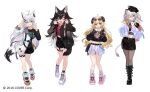  4girls ;d ;q ahoge alternate_costume animal_ears bare_legs belt black_dress black_hair black_hoodie black_jacket black_shirt black_shorts black_skirt blonde_hair blue_eyes boots braid brown_legwear claw_pose closed_mouth crop_top curled_horns double_fox_shadow_puppet dress eyewear_on_head fishnet_legwear fishnets fox_ears fox_girl fox_shadow_puppet fox_tail full_body grey_hair grin hair_ornament hairclip hand_up hat highres hololive hood hoodie horns jacket jewelry lion_ears lion_girl lion_tail long_hair long_sleeves looking_at_viewer midriff miniskirt multicolored_hair multiple_girls nail_polish official_art one_eye_closed ookami_mio open_clothes open_jacket open_mouth orange_eyes pantyhose peaked_cap pencil_skirt purple_eyes red_shirt ring see-through see-through_sleeves sheep_horns shirakami_fubuki shirt shishiro_botan shoes short_dress short_shorts shorts shorts_under_skirt showgirl_skirt shugao side_slit skirt smile sneakers socks standing stomach tail thigh_strap thighs tongue tongue_out two-tone_hair usada_pekora v very_long_hair virtual_youtuber white_hair white_jacket white_shorts white_skirt wolf_ears wolf_girl wolf_tail 
