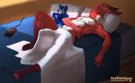  absurd_res anthro bed_sheet bedding erection fur hi_res lagomorph leporid male mammal morning_wood paxemerson rabbit red_body red_fur sleeping solo 