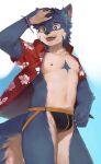  aloha_shirt anthro bracelet bulge canid canine canis clothed clothing jewelry jockstrap male mammal navel nipples open_clothing open_shirt open_topwear pattern_clothing pattern_shirt pattern_topwear shirt simple_background solo topwear underwear wolf yuuko891 