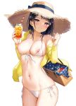  1girl :3 bag bangs bare_shoulders basket bikini black_bow black_hair blush bottle bow breasts breasts_out cameltoe cleavage closed_mouth collarbone comic_anthurium cowboy_shot drink eyebrows_visible_through_hair eyelashes fingernails food front-tie_bikini front-tie_top fruit groin halter_top halterneck hands_up hat hat_bow highres hip_bones holding holding_basket holding_bottle hood hooded_jacket hoodie ichigo-chan_(mignon) jacket long_hair long_sleeves looking_at_viewer lowleg lowleg_bikini medium_breasts mignon navel nipple_slip nipples non-web_source off_shoulder open_clothes open_jacket orange_juice original picnic_basket purple_eyes shoulder_bag side-tie_bikini sidelocks simple_background skindentation smile solo standing stomach straw_hat strawberry string_bikini sun_hat sweat swept_bangs swimsuit white_background white_bikini yellow_jacket 
