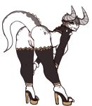  anthro anus breasts butt clothing dragon female genitals grey_sclera hi_res high_heels horn legwear looking_at_viewer looking_back puffy_anus pussy reccand reptile scalie simple_background smile solo yellow_eyes 