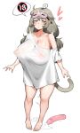  1girl ahegao ahoge bangs barefoot behind_ear blush breasts chestnut_mouth cleavage collarbone covered_nipples dildo english_commentary eye_mask feet full_body grey_hair grey_tail half-closed_eyes heart heart-shaped_pupils highres huge_breasts long_hair low-tied_long_hair mask mask_on_head messy_hair monkey_tail off_shoulder open_mouth original oversized_clothes oversized_shirt pen pussy_juice pussy_juice_puddle pussy_juice_trail red_eyes saru_(monkey_magic3) see-through see-through_shirt sex_toy shirt simple_background single_bare_shoulder single_inverted_nipple solo speech_bubble standing swirl symbol-shaped_pupils t-shirt tail thighs toes twintails white_background white_shirt 