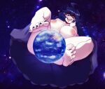  1girl @_@ absurdres bangs barefoot blue_hair breasts commentary commission commissioner_upload earth_(planet) english_commentary feet foot_focus giant giantess happy_sex hex_maniac_(pokemon) highres large_breasts long_hair long_skirt open_mouth planet pokemon pokemon_(game) pokemon_xy presenting purple_eyes saliva skirt smile solo space tongue tongue_out topless yurnsfw 