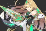  1girl aegis_sword_(xenoblade) bangs black_legwear blonde_hair breasts chest_jewel diamond_sword dress gem gloves headpiece highres kinagi_(3307377) large_breasts long_hair looking_at_viewer mythra_(massive_melee)_(xenoblade) mythra_(xenoblade) pantyhose solo swept_bangs thigh_strap tiara very_long_hair white_dress white_footwear white_gloves xenoblade_chronicles_(series) xenoblade_chronicles_2 yellow_eyes 