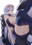  1girl absurdres azur_lane bare_arms bare_shoulders blue_footwear blue_skirt blush boots breasts cleavage collarbone enterprise_(azur_lane) enterprise_(wind_catcher)_(azur_lane) eyewear_on_head highres large_breasts legs_up long_hair looking_at_viewer lordol lying official_alternate_costume on_back parted_lips ponytail purple_eyes skirt smile solo sunglasses symbol-only_commentary thigh_boots thighhighs thighs 