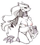  anthro blue_eyes blush breasts dragon female fur hi_res legendary_pok&eacute;mon looking_at_viewer nintendo nipples pok&eacute;mon pok&eacute;mon_(species) reccand reshiram simple_background solo video_games white_body white_fur 