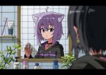  1girl absurdres ahoge animal_ears black_hair breasts cat_ears chun_1234567 collar different_reflection earrings highres hololive hood hoodie jewelry mirror nekomata_okayu plant potted_plant purple_eyes purple_hair reflection short_hair solo toothbrush toothpaste virtual_youtuber 