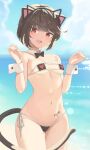  1girl animal_ears bangs bikini black_bow black_bowtie black_tail blurry blurry_background blush bow bowtie breasts brown_hair cat_ear_hairband cat_tail cloud commission cowboy_shot detached_collar eyebrows_visible_through_hair eyepatch_bikini fake_animal_ears heart heart_print highres looking_at_viewer micro_bikini mole mole_under_eye navel open_mouth original red_eyes short_hair side-tie_bikini sky small_breasts smile solo stomach string_bikini swimsuit tail tattoo thighs twin_(tt_lsh) wrist_cuffs 