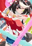  1girl absurdres asahina_yoi bangs bare_shoulders black_hair blue_shorts closed_mouth cowboy_shot hair_ornament highres holding holding_paintbrush horse_tail kitasan_black_(umamusume) looking_at_viewer medium_hair multicolored_hair one_eye_closed paint_can paint_splatter paint_stains paintbrush red_eyes shirt shorts sleeveless sleeveless_shirt smile solo split_mouth tail tongue tongue_out two-tone_hair umamusume white_hair white_shirt 